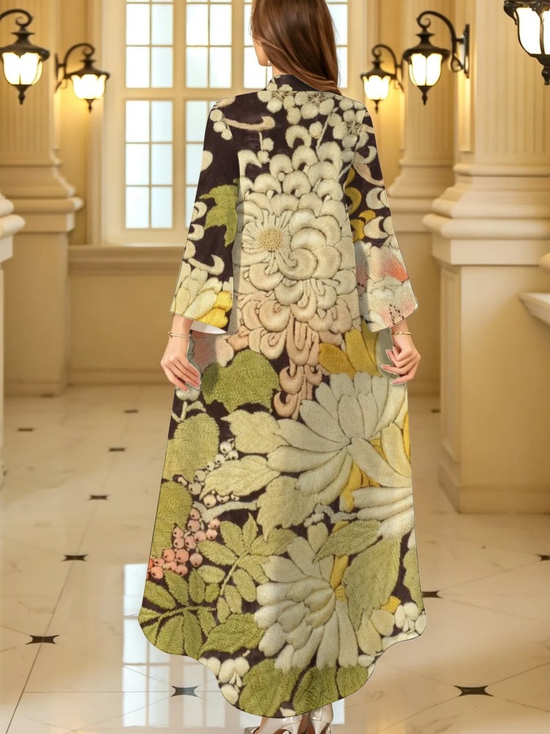 Vintage Floral Printed Abaya Stand Collar Loose Long Sleeve Maxi Dress Elegant Muslim Women Modest Casual Evening Kaftan Gown - Image 4