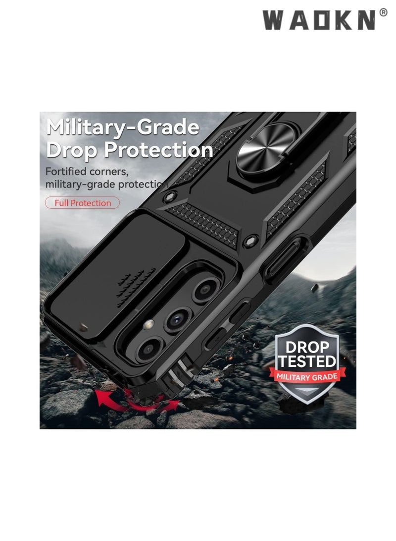 WAOKN Phone Case Compatible for Samsung Galaxy A15,with Built-in Slide Camera Cover Ring Kickstand,Grade Shockproof Test,Drop Tested Shockproof Phone Cover Built-in 360° Rotate Ring Kickstand, Black - Image 3