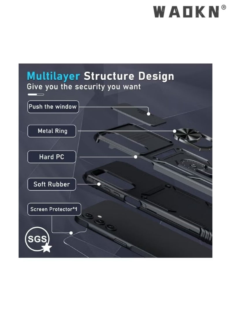 WAOKN Phone Case Compatible for Samsung Galaxy A15,with Built-in Slide Camera Cover Ring Kickstand,Grade Shockproof Test,Drop Tested Shockproof Phone Cover Built-in 360° Rotate Ring Kickstand, Black - Image 5