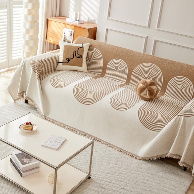 Sofa Covers, Washable Boho Couch Cover, Geometric Line Pattern Couch Covers for Cushion Couch Sofa Pet Friendly, Multi-Use Blankets Chenille Soft Couch Cover for Dogs Beige, 180 * 130cm - Image 2