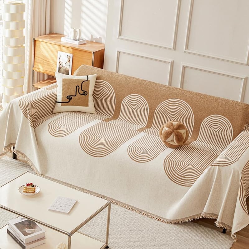 Sofa Covers, Washable Boho Couch Cover, Geometric Line Pattern Couch Covers for Cushion Couch Sofa Pet Friendly, Multi-Use Blankets Chenille Soft Couch Cover for Dogs Beige, 180 * 130cm - Image 1