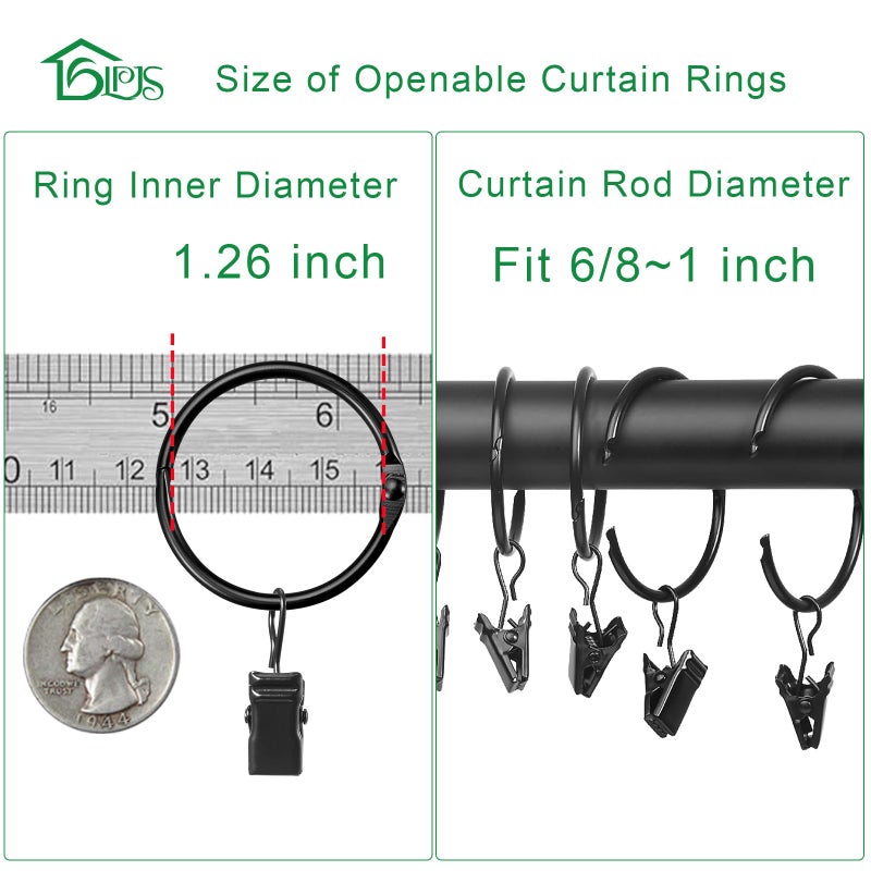 LLPJS Openable Curtain Rings with Clips, Open Drapery Rings with Hooks, Curtain Clips 1.26 inch Interior Diameter, Fit up to 1" Curtain Rod (Black, 1.26" I D Set of 36) - Image 3