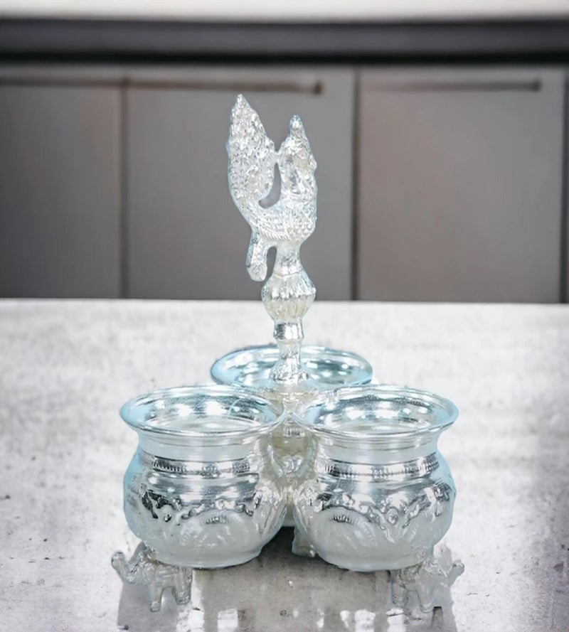 Sigaram Metal German Silver 3 Cup Panchwala with Peacock Hand for Home Temple Pooja Decor K2579 , 11 x 11 x 14 Centimeters - Image 5