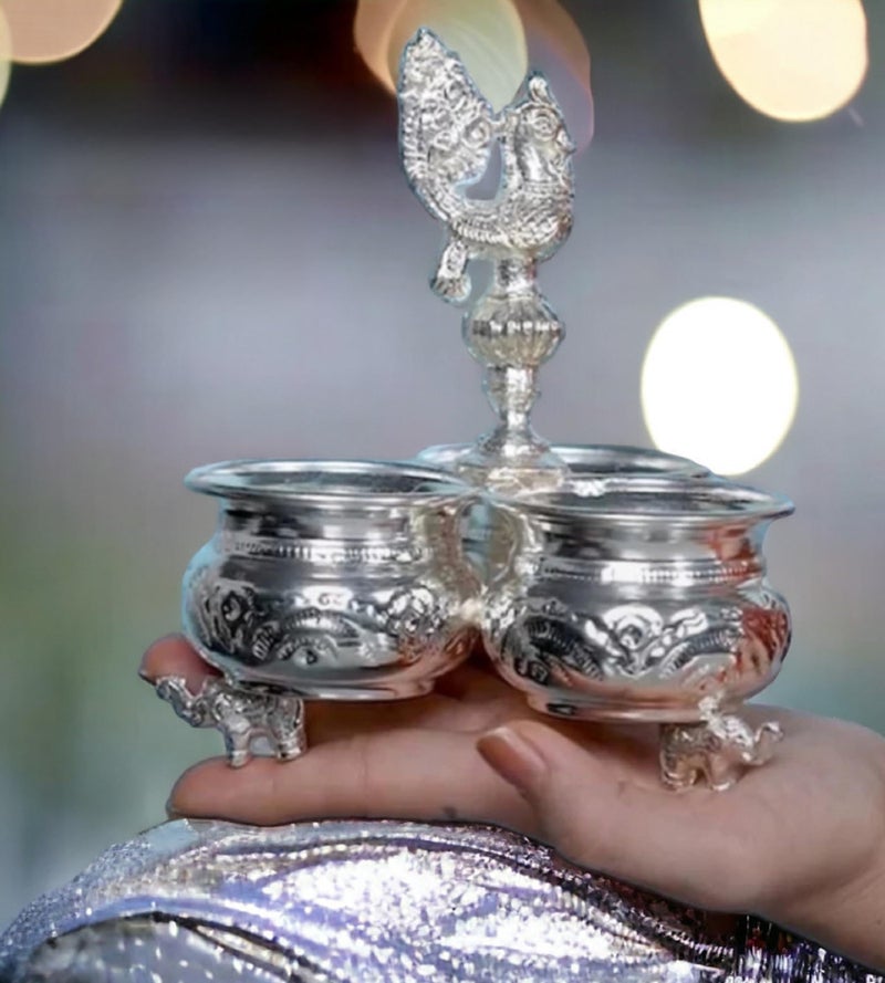 Sigaram Metal German Silver 3 Cup Panchwala with Peacock Hand for Home Temple Pooja Decor K2579 , 11 x 11 x 14 Centimeters - Image 1