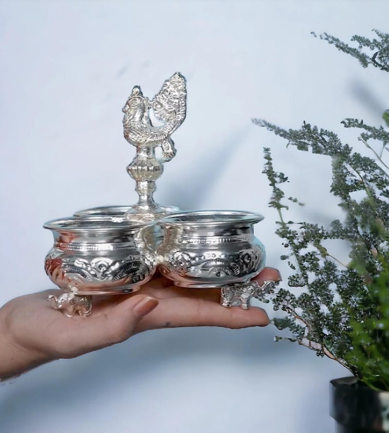 Sigaram Metal German Silver 3 Cup Panchwala with Peacock Hand for Home Temple Pooja Decor K2579 , 11 x 11 x 14 Centimeters - Image 3