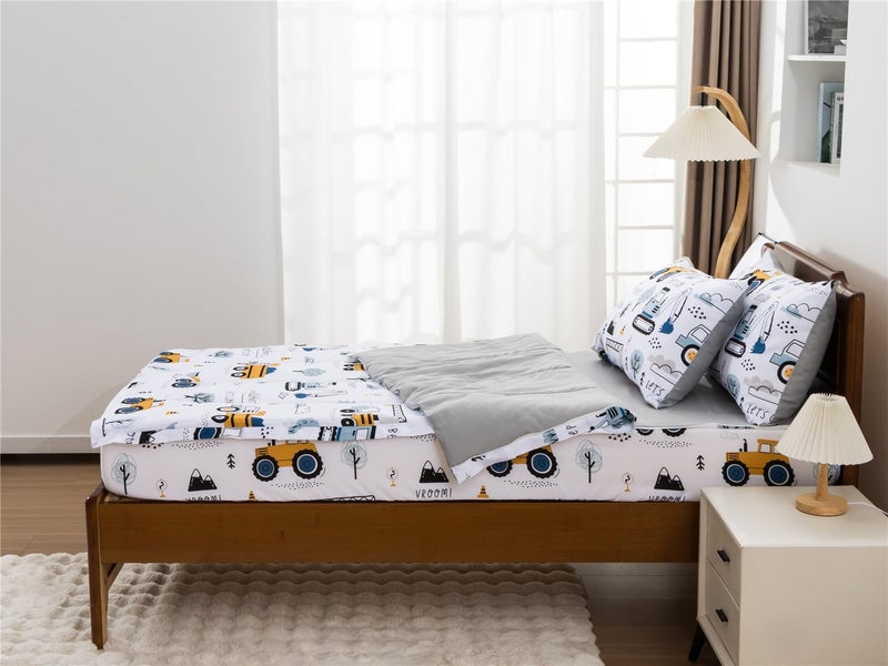 NTBED Construction Truck Printed Zipper Bedding Sets Twin Lightweight Microfiber Forest Car Comforter Sets with Fitted Sheet Pillow Covers,White Grey - Image 3