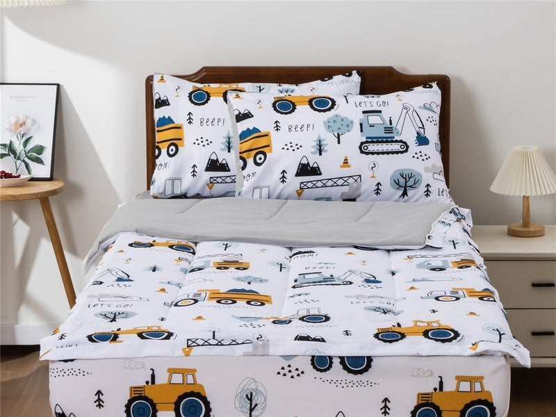 NTBED Construction Truck Printed Zipper Bedding Sets Twin Lightweight Microfiber Forest Car Comforter Sets with Fitted Sheet Pillow Covers,White Grey - Image 2