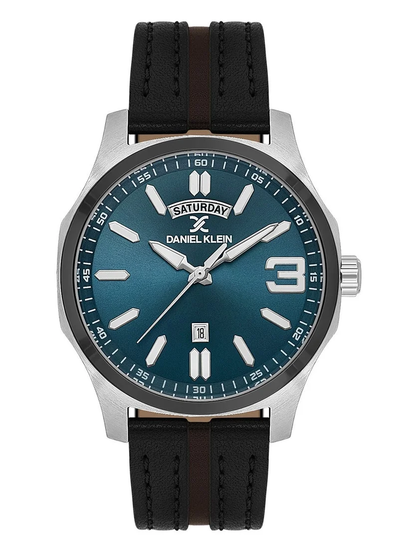 DANIEL KLEIN Men's Leather Silver and Black Alloy Case Analog Blue Round Sunray Dial Japanese Quartz Premium 50 Meters Water Resistant