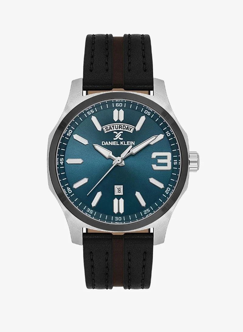 DANIEL KLEIN Men's Leather Silver and Black Alloy Case Analog Blue Round Sunray Dial Japanese Quartz Premium 50 Meters Water Resistant