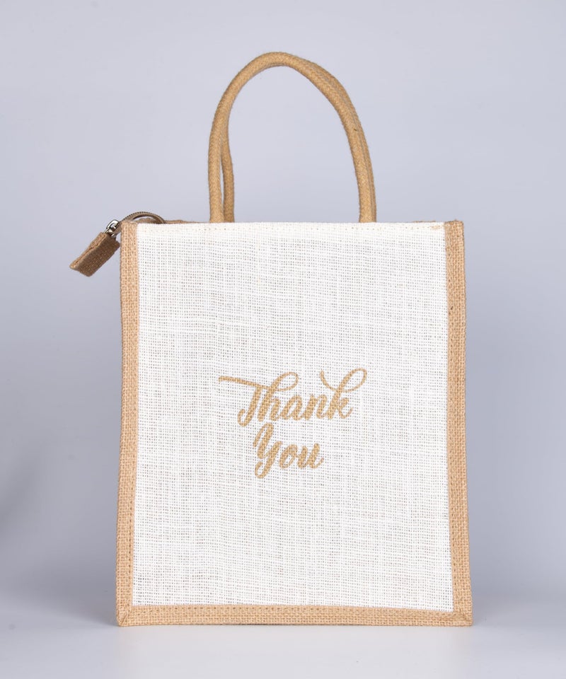 Soman Jute Ecofriendly Return Gift Bags Thank You Printed with Zip White Natural Pack of 10 Bags - Image 3