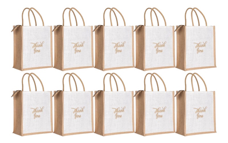 Soman Jute Ecofriendly Return Gift Bags Thank You Printed with Zip White Natural Pack of 10 Bags - Image 1
