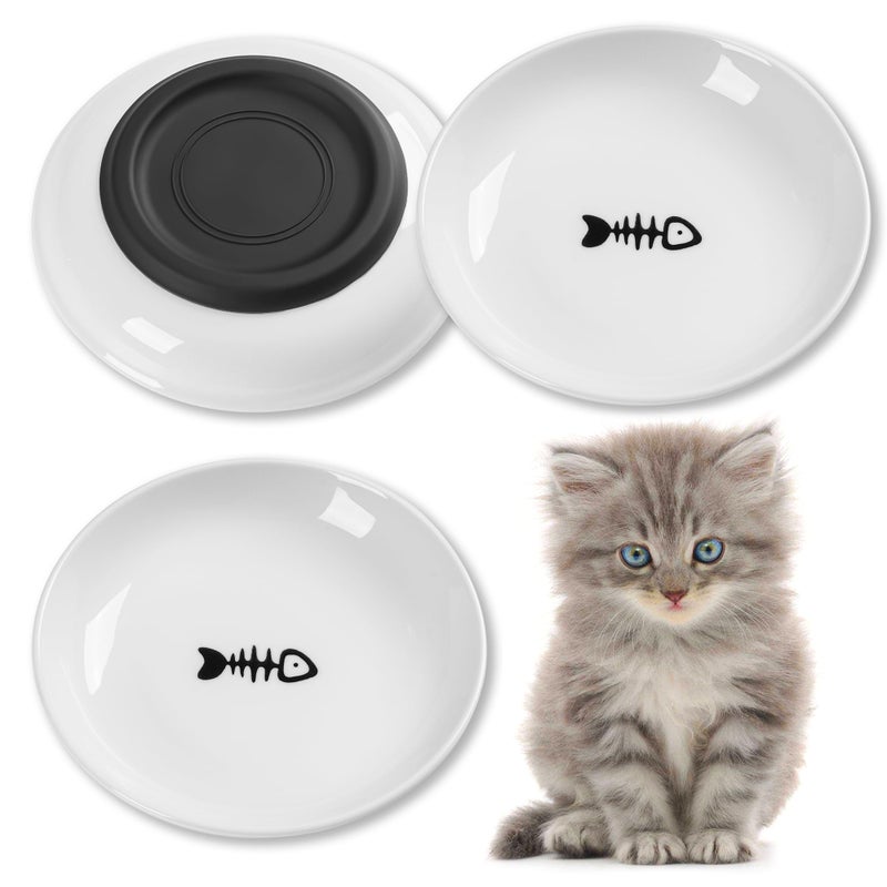 Kitwinney Cat Food Bowls, Whisker Friendly Ceramic Cat Bowls with Nonslip Silicone Bottom, Pack of 3 Quiet Cat Dishes and Plates for Feeding Indoor Cats, Kittens and Small Dogs(Fishbone) - Image 1