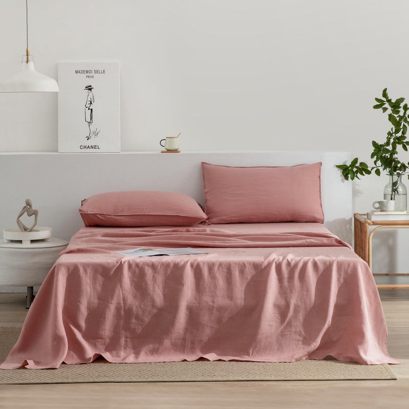EVERLY Linen Queen Sheets Set 100 Stonewashed French Linen Bed Sheets Deep Pocket Sheets 4 Pieces 1 Flat Sheet 1 Fitted Sheet 2 Pillowcases Natural Flax Bedding SetPink