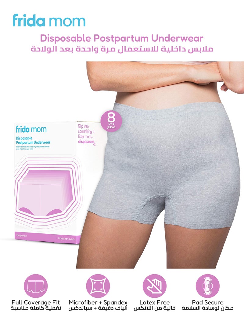 frida mom - Disposable Postpartum Underwear | Super Soft, Stretchy & Breathable | 8 Pack | Boys Short Fit, High-Waist, Full Coverage & Leak Protection | Latex-Free, Wicking Fabric for Comfort - Image 1