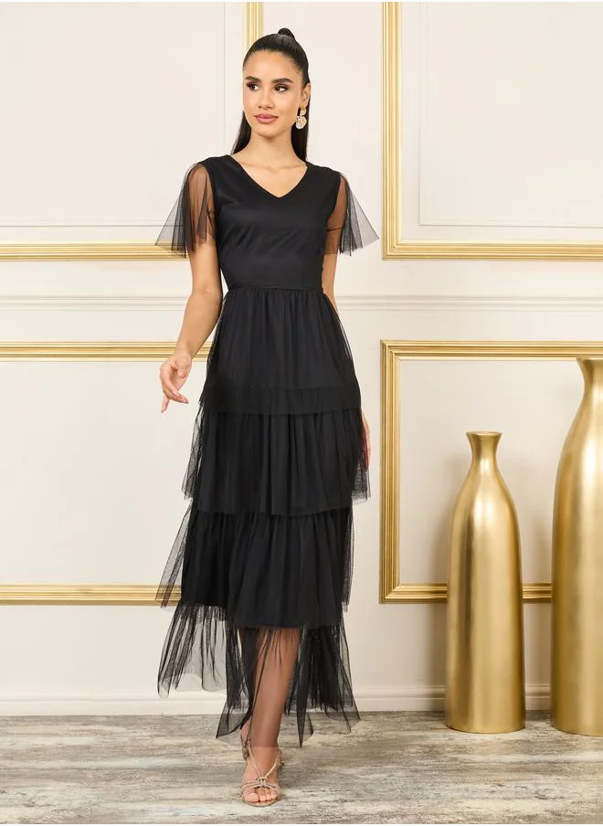 Styli Mesh Ruffle Layered Tiered Midi Dress