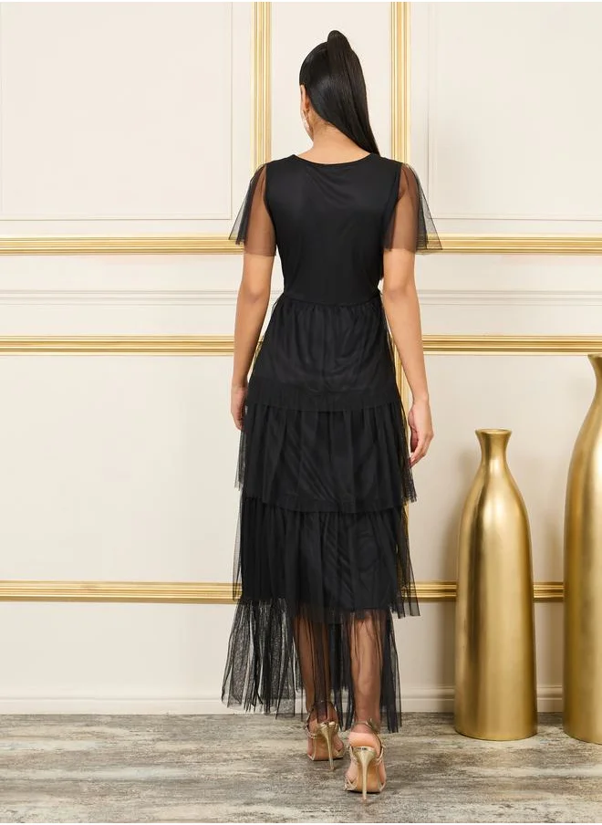 Styli Mesh Ruffle Layered Tiered Midi Dress