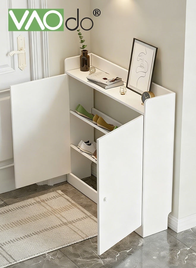 فاو دو خزانة أحذية رفيعة، خزانة تخزين أحذية بثلاثة أرفف مع سطح تخزين مفتوح، خزانة أحذية بأبواب، منظم أحذية قائم بذاته أبيض 82.5*20*80 سم - Image 1
