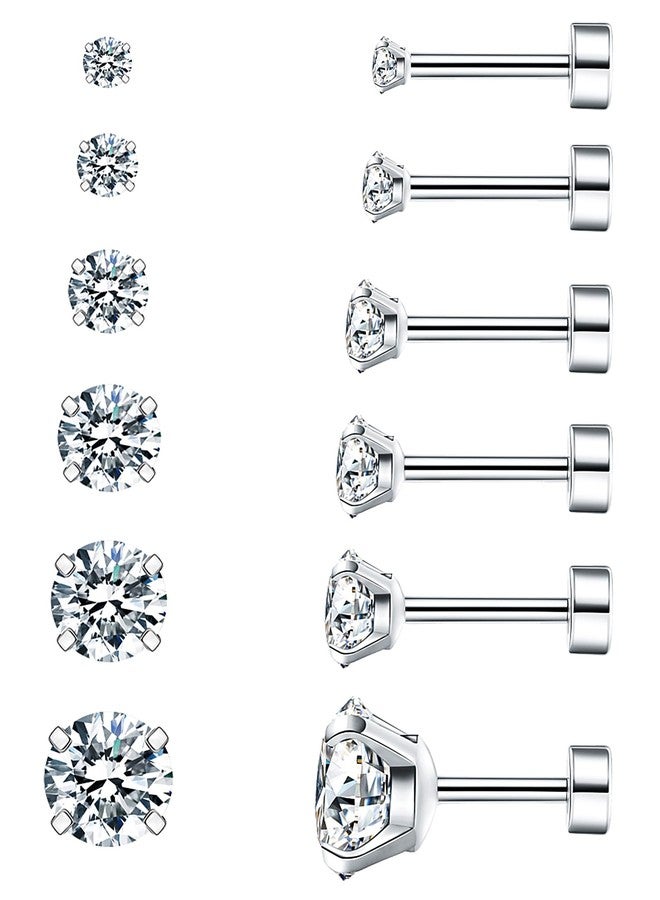 WSSXC 6 Pairs Hypoallergenic Cubic Zirconia Earrings Surgical Steel Flat Back Studs for Cartilage, Screw Back Fashion Jewelry - Image 1