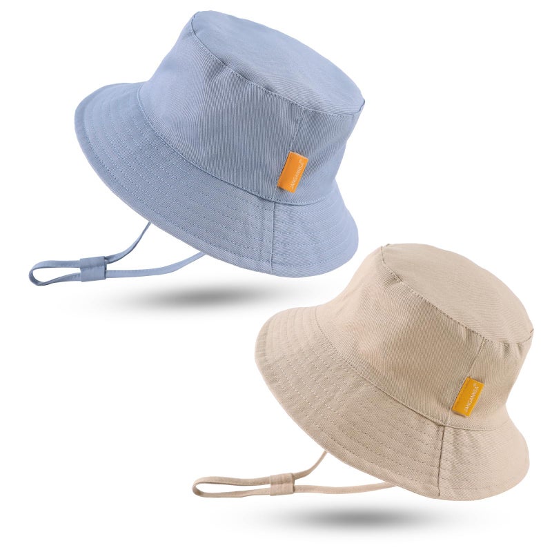 JANGANNSA Cotton Baby Sun Hat Infant Toddler Boys Girls Bucket Hats Summer Sun Protection Kids Beach Caps(Haze Blue+Khaki,46cm) - Image 1