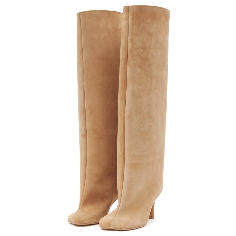 UBWDU Wide Calf Knee High Boots Women Tall Boots Suede Square Toe Stiletto Suede Boots High Heel Long Booties Nude 7.5 - Image 1