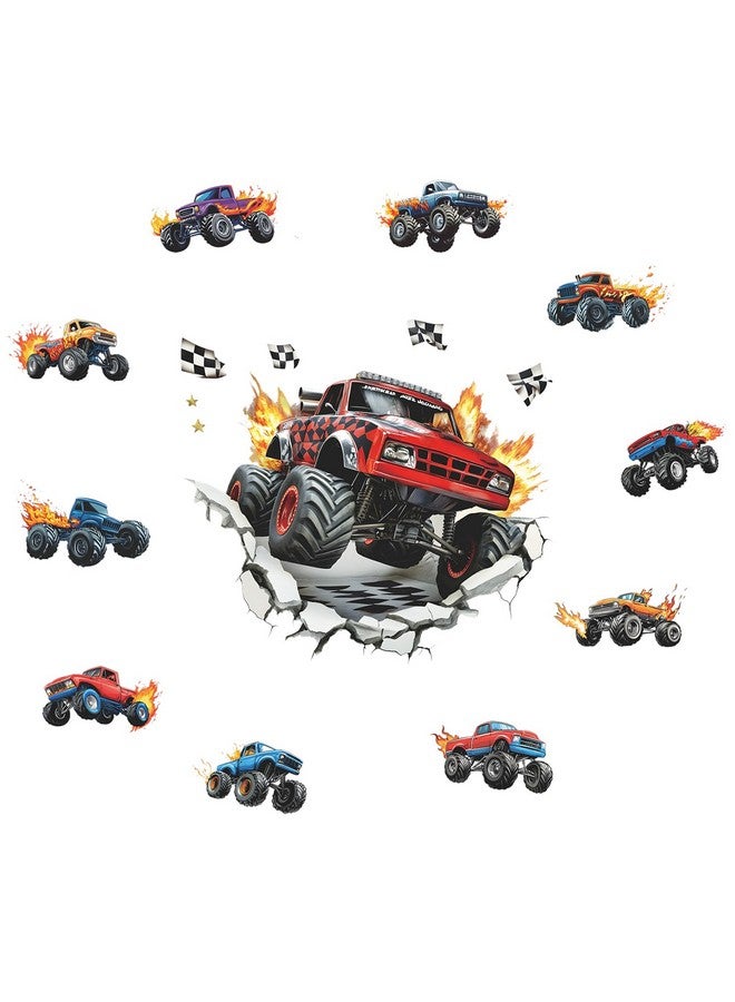 MEFOSS 3D Racing Cars Wall Decals Break Through Trucks Wall Stickers Boys Bedroom Kids Room Playroom Wall Decor - Image 2