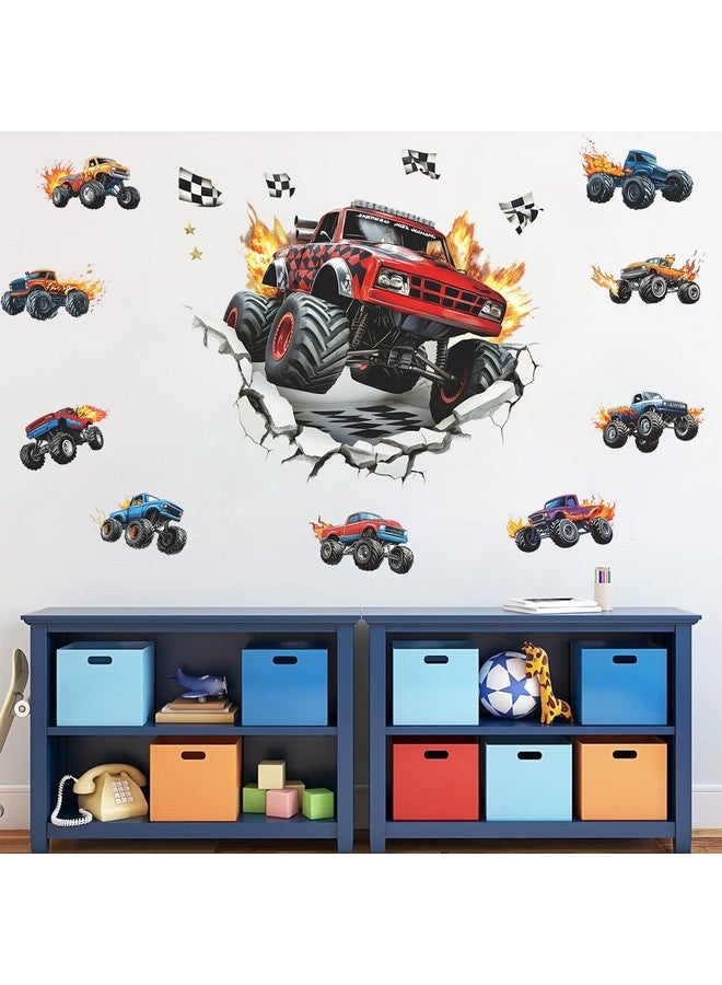 MEFOSS 3D Racing Cars Wall Decals Break Through Trucks Wall Stickers Boys Bedroom Kids Room Playroom Wall Decor - Image 1