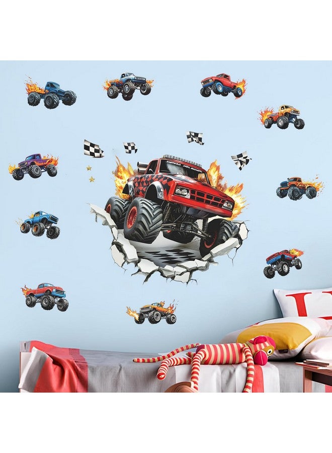 MEFOSS 3D Racing Cars Wall Decals Break Through Trucks Wall Stickers Boys Bedroom Kids Room Playroom Wall Decor - Image 4