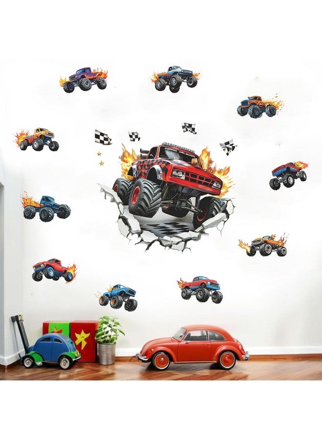 MEFOSS 3D Racing Cars Wall Decals Break Through Trucks Wall Stickers Boys Bedroom Kids Room Playroom Wall Decor - Image 5