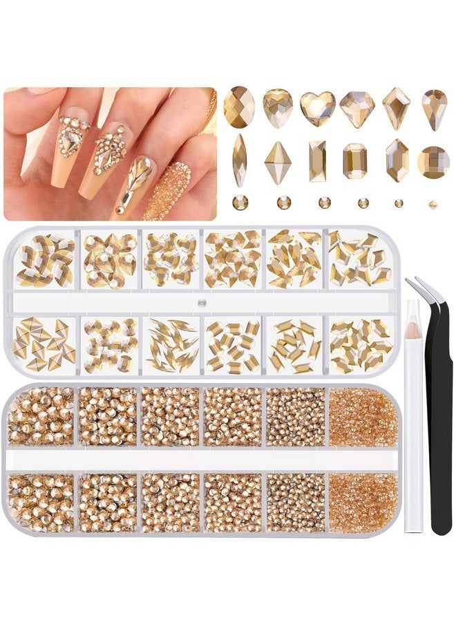 BELLEBOOST 2630Pcs Champagne Gold Glass Nail Rhinestones 120Pcs Multi Shapes Flatback Gems Crystal+2510Pcs 1.5-4Mm Round Beads, Manicure Diomand Jewelry Gemstones For Nail Design Makeup Acrylic Nails Decoration  - Image 1