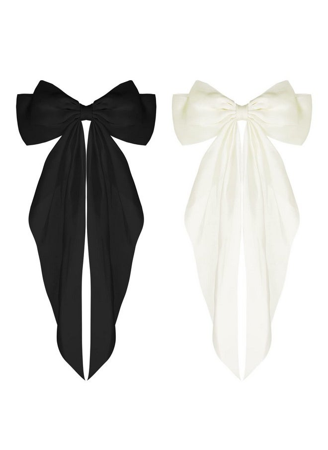 WLLHYF - Big Bow Barrettes 2 Pieces Soft Silky Satin Hair Clip Long Tail French Ribbon Hair Pins Metal Bowknot Clips 90'S Accessories For Party Valentine'S Day Women Girl (Black+Beige) - Image 1