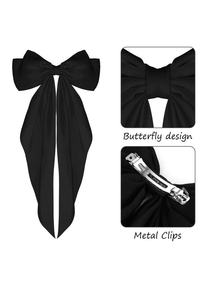 WLLHYF - Big Bow Barrettes 2 Pieces Soft Silky Satin Hair Clip Long Tail French Ribbon Hair Pins Metal Bowknot Clips 90'S Accessories For Party Valentine'S Day Women Girl (Black+Beige) - Image 1