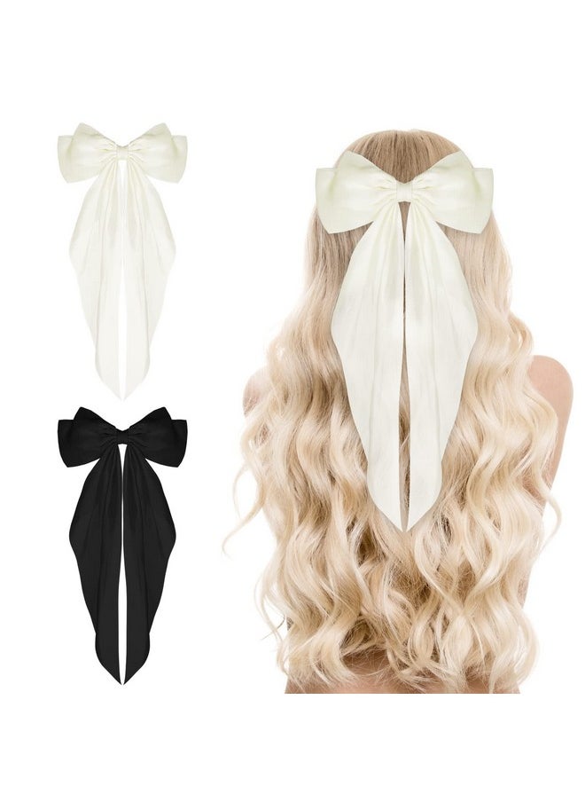 WLLHYF - Big Bow Barrettes 2 Pieces Soft Silky Satin Hair Clip Long Tail French Ribbon Hair Pins Metal Bowknot Clips 90'S Accessories For Party Valentine'S Day Women Girl (Black+Beige) - Image 1