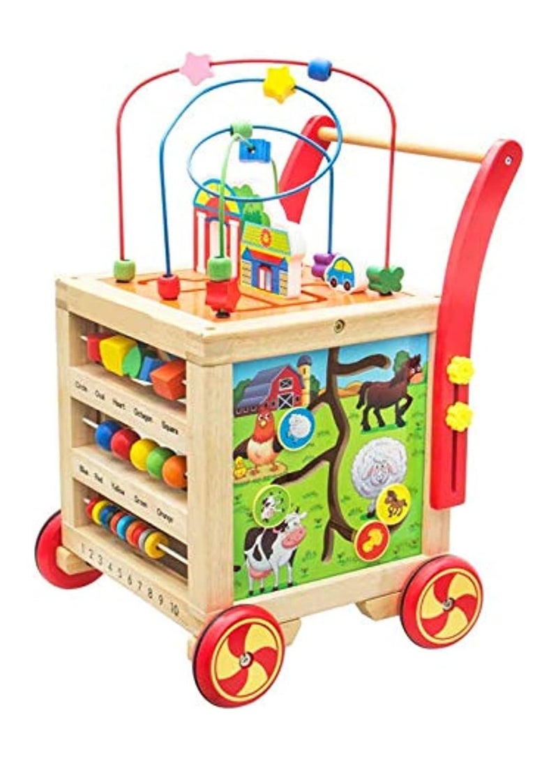 Wooden Baby Walker with Puzzle Toy Storage Box – Multi-Functional Toddler Activity Walker, 4-Sided Bead Maze, Early Learning Educational Toy for Kids, Durable Wooden Frame, Non-Slip Wheels - Image 1