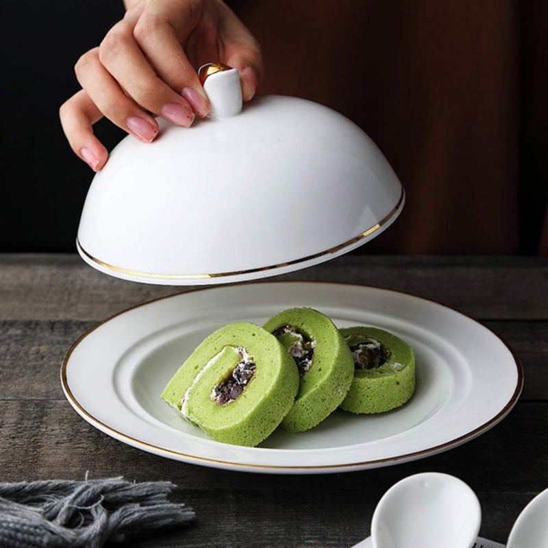 DOITOOL 8 Inch Ceramic Serving Platter with Lid White Porcelain Dinner Platters Ceramic Dessert Plate with Lid Fruit Salad Plate Cake Plate Appetizer Serving Plate for Food Steak Pasta Sushi Dinner Party - Image 2