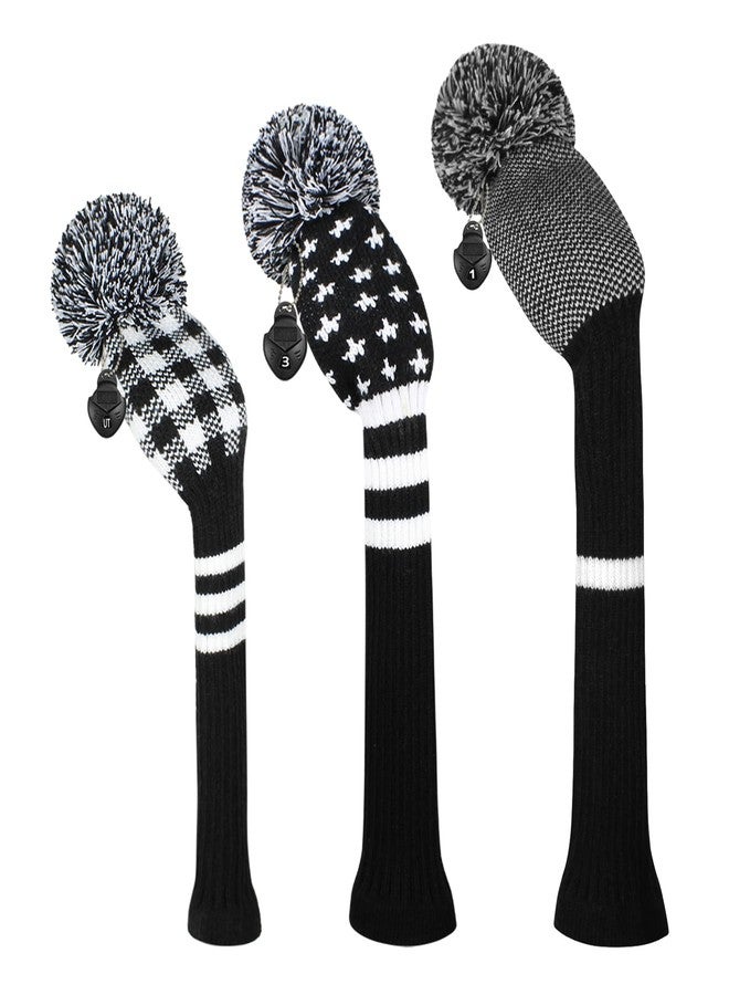 Scott Edward Mix and Match Knit Golf Club Covers with a Cute Pom Pom Set of 3 Driver Head Cover 1 Fairway Headcover 1 and Hybrid/UT Cover 1 The Best Color Combinations (Black Star Stripe) - Image 1