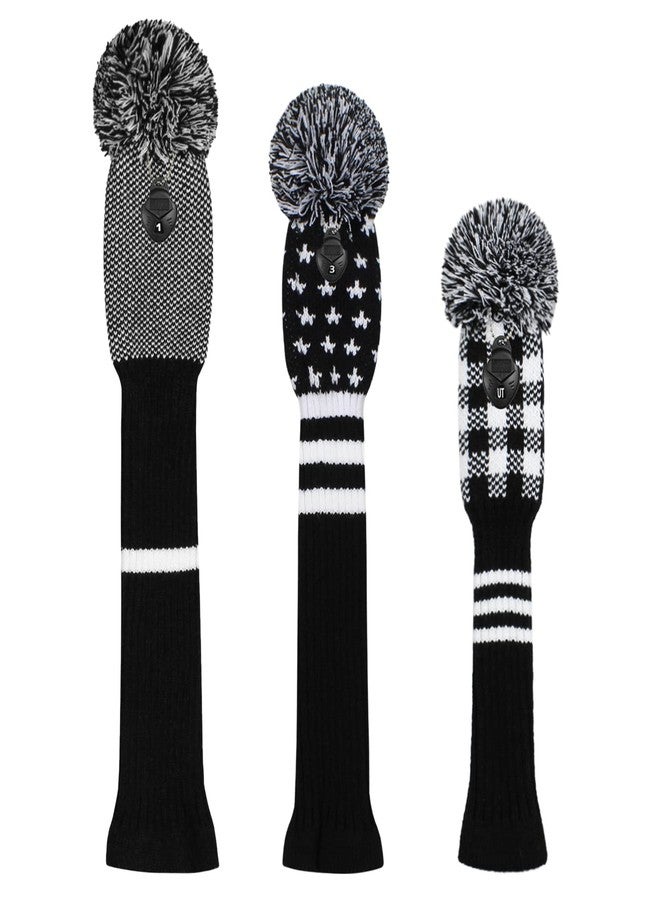 Scott Edward Mix and Match Knit Golf Club Covers with a Cute Pom Pom Set of 3 Driver Head Cover 1 Fairway Headcover 1 and Hybrid/UT Cover 1 The Best Color Combinations (Black Star Stripe) - Image 2
