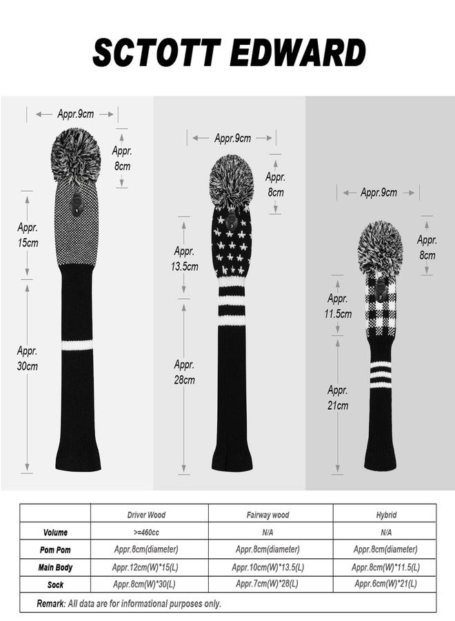 Scott Edward Mix and Match Knit Golf Club Covers with a Cute Pom Pom Set of 3 Driver Head Cover 1 Fairway Headcover 1 and Hybrid/UT Cover 1 The Best Color Combinations (Black Star Stripe) - Image 3