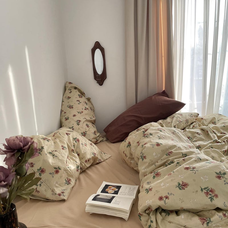 mixinni Vintage Floral Duvet Cover Queen Size - 3 Piece 100% Cotton Cottagecore Red Flowers & Green Leaves Bedding, Soft Botanical Comforter Cover & Pillowcases, Aesthetic Spring Bed Set for Girls - Image 2