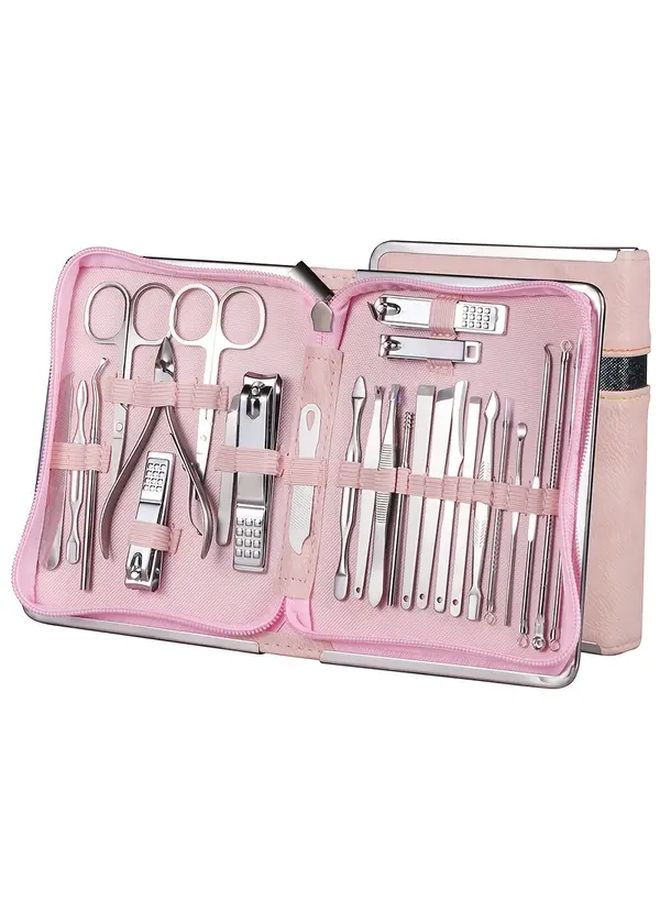 26 قطعة مجموعة أدوات العناية بالأظافر المحترفة للعناية باليدين والقدمين باللون الوردي من الفولاذ المقاوم للصدأ مع علبة معدنية - Image 1