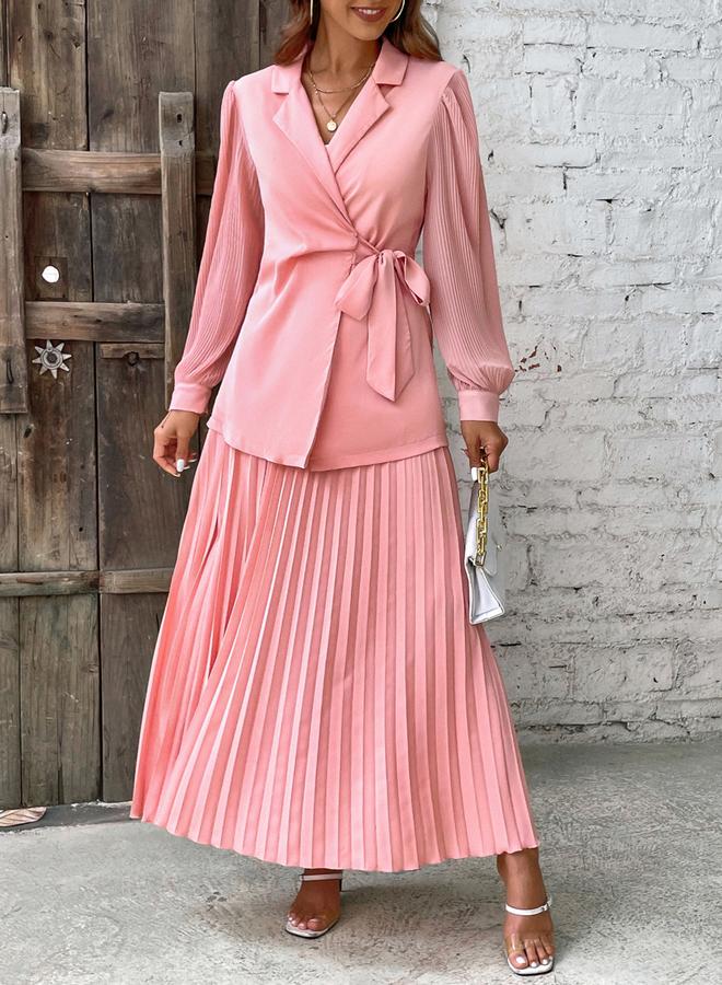 تايك تو طقم بليزر ملفوف وردي مع تنورة بكسرات - Image 1