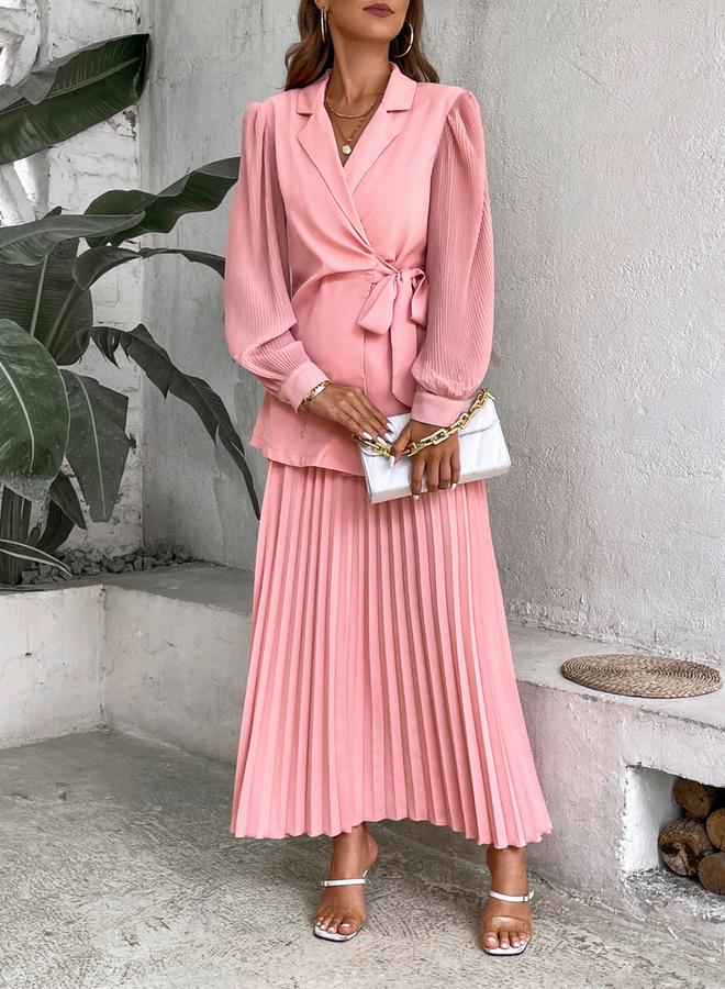 تايك تو طقم بليزر ملفوف وردي مع تنورة بكسرات - Image 4