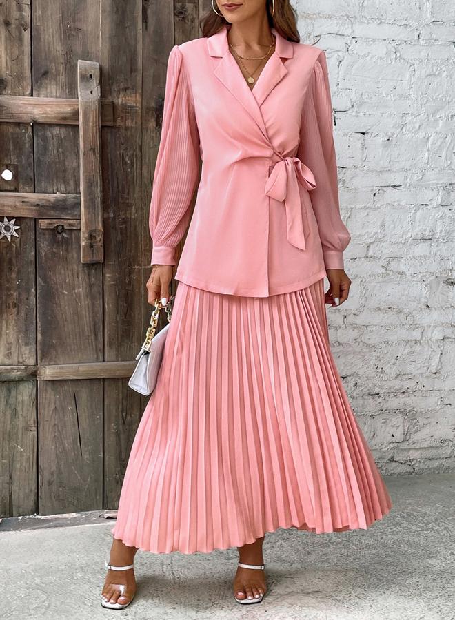 تايك تو طقم بليزر ملفوف وردي مع تنورة بكسرات - Image 3