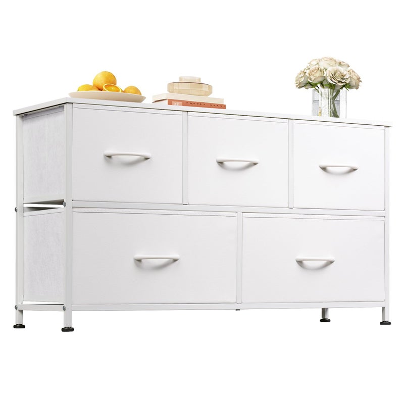 WLIVE Dresser for Bedroom with 5 Drawers, Wide Chest of Drawers, Fabric Dresser, Storage Organization Unit with Fabric Bins for Closet, Living Room, Hallway, White - Image 1