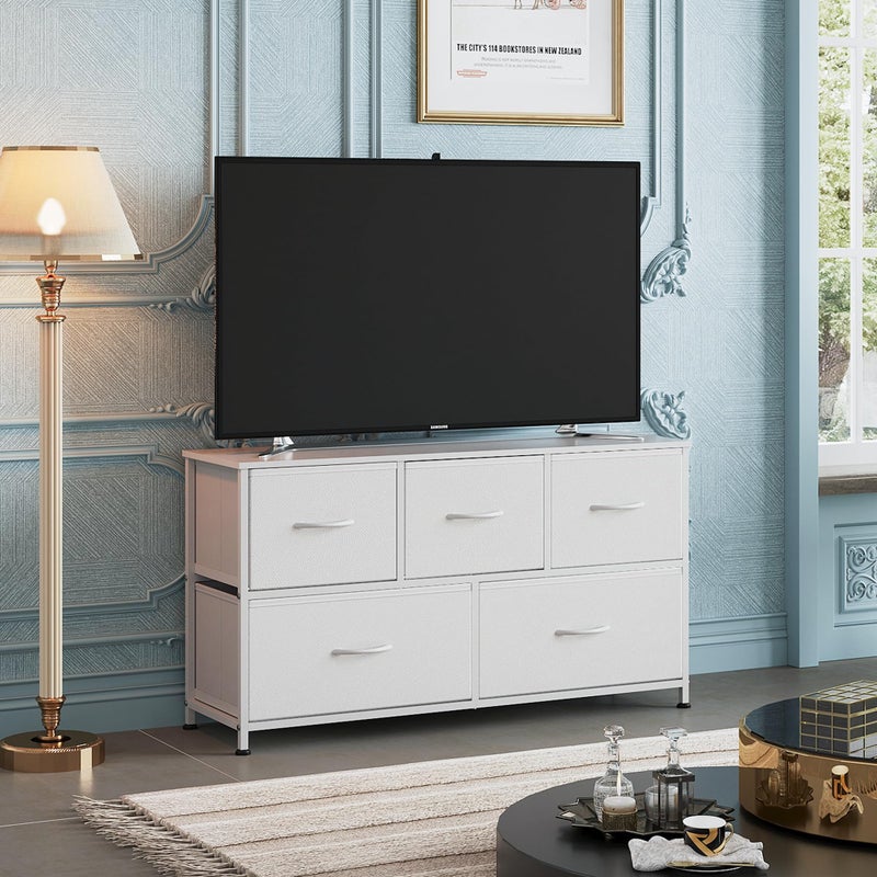 WLIVE Dresser for Bedroom with 5 Drawers, Wide Chest of Drawers, Fabric Dresser, Storage Organization Unit with Fabric Bins for Closet, Living Room, Hallway, White - Image 2