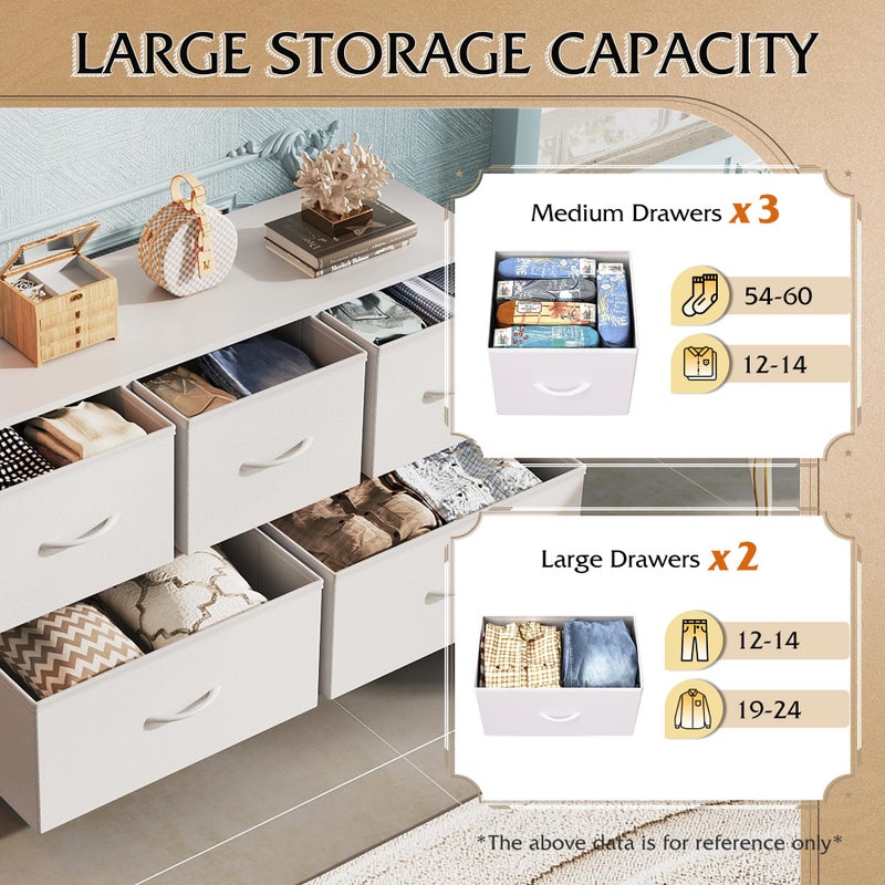 WLIVE Dresser for Bedroom with 5 Drawers, Wide Chest of Drawers, Fabric Dresser, Storage Organization Unit with Fabric Bins for Closet, Living Room, Hallway, White - Image 3