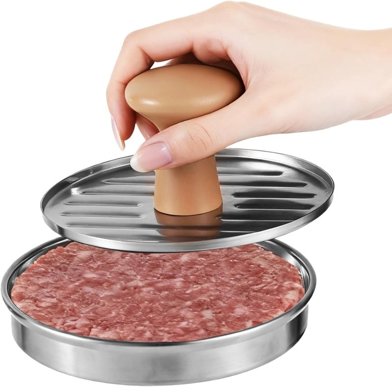 Non-Stick Burger Press Patty Maker, 5.1 in 304 Stainless Steel Hamburger Press with Wood Handle for Kitchen, Restaurant, BBQ - Image 1