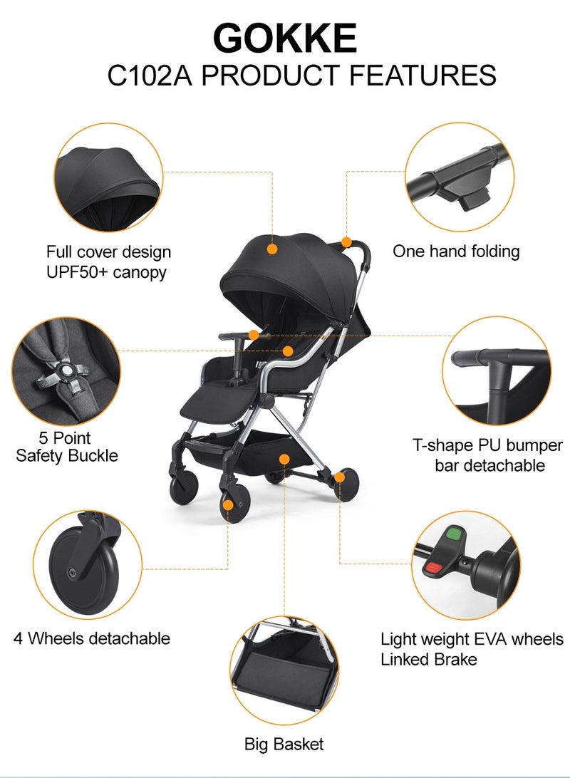 GOKKE Compact Baby Stroller with  5 Point Safety Harness, Adjustable Handlebar, Suitable for Air Travel, 0-36 Months, Black - C102ABL - Image 3