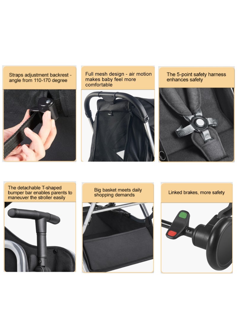 GOKKE Compact Baby Stroller with  5 Point Safety Harness, Adjustable Handlebar, Suitable for Air Travel, 0-36 Months, Black - C102ABL - Image 5