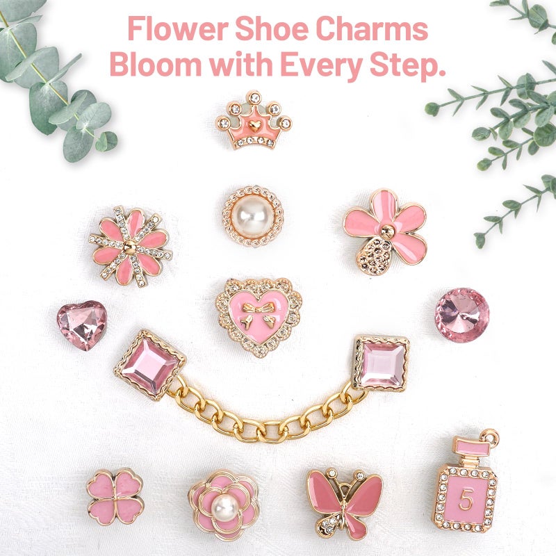 Lugailly 24Pcs Pink Bling Shoe Charms for Women and Girls, Gold Clog Shoe Decoration Charms with Gems Shoes Chain, Cute DIY Shoes Jewelry Charm Set - Heart, Flower & Butterfly Designs for Party Birthday Gifts - Image 5