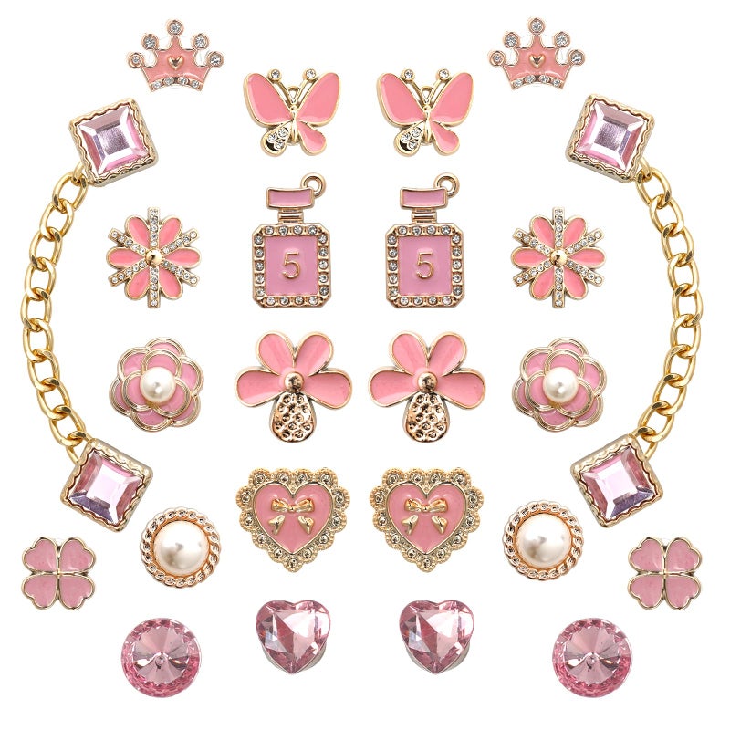 Lugailly 24Pcs Pink Bling Shoe Charms for Women and Girls, Gold Clog Shoe Decoration Charms with Gems Shoes Chain, Cute DIY Shoes Jewelry Charm Set - Heart, Flower & Butterfly Designs for Party Birthday Gifts - Image 1